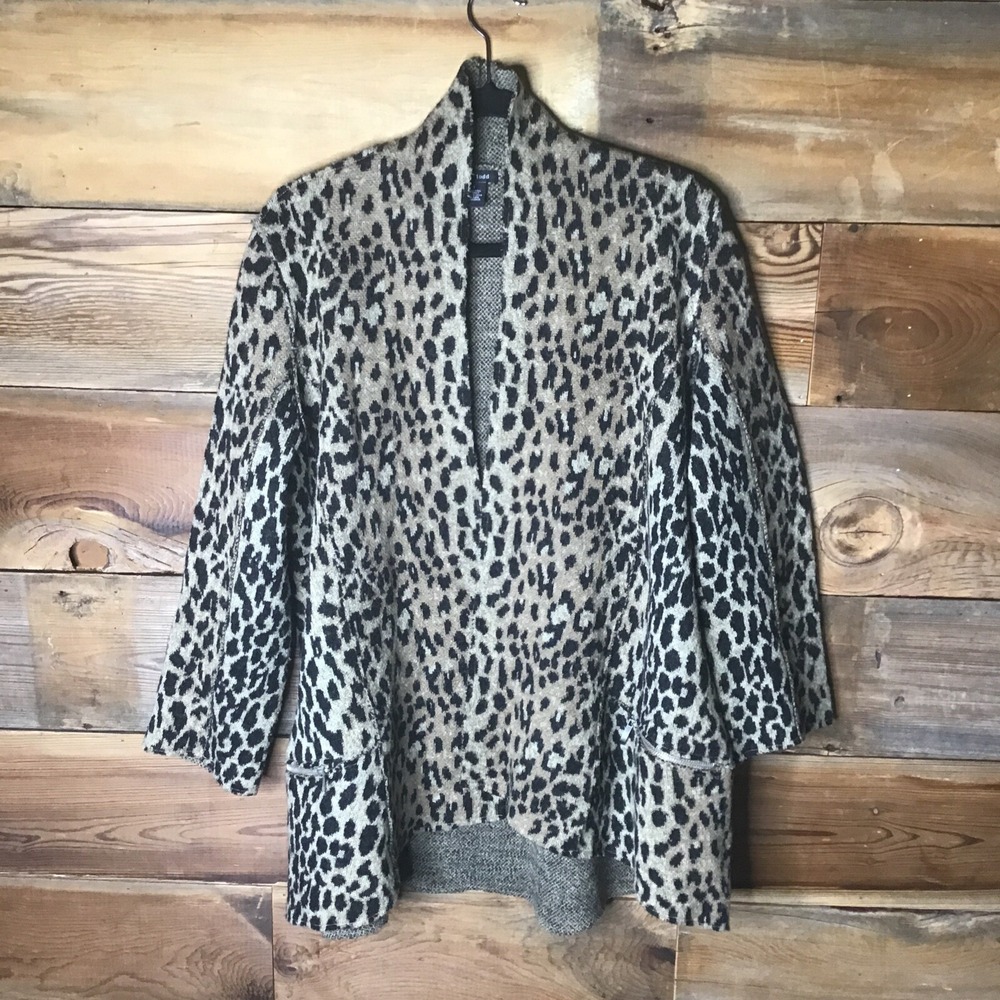 Katie Todd 100% Wool Animal Print Open Front Long Line Cardigan Size Small